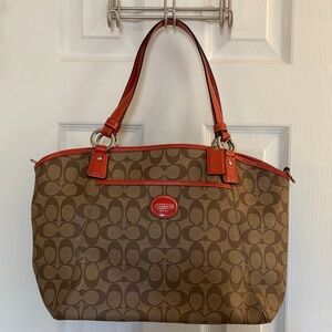 Coach Brown Signature Tote with Orange/Coral Trim